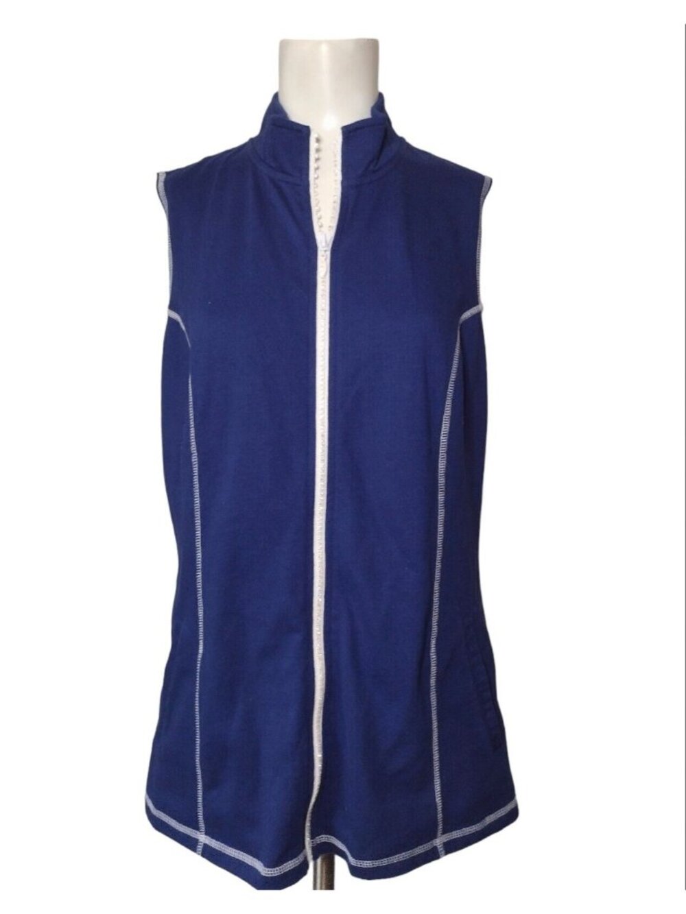 Quacker Factory Full Zip Knit Vest S Rhinestone Accents Pockets Blue Casual